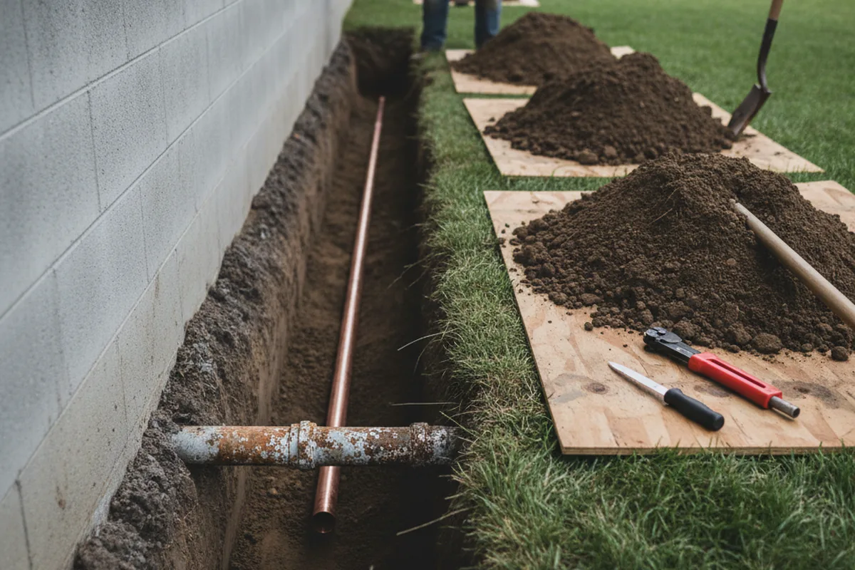 Excavated water line trench during Water Softener Installation in Berkeley Heights